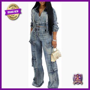 Denim Two Piece Set Cropped Jacket Cargo Pants Y2K Tracksuit